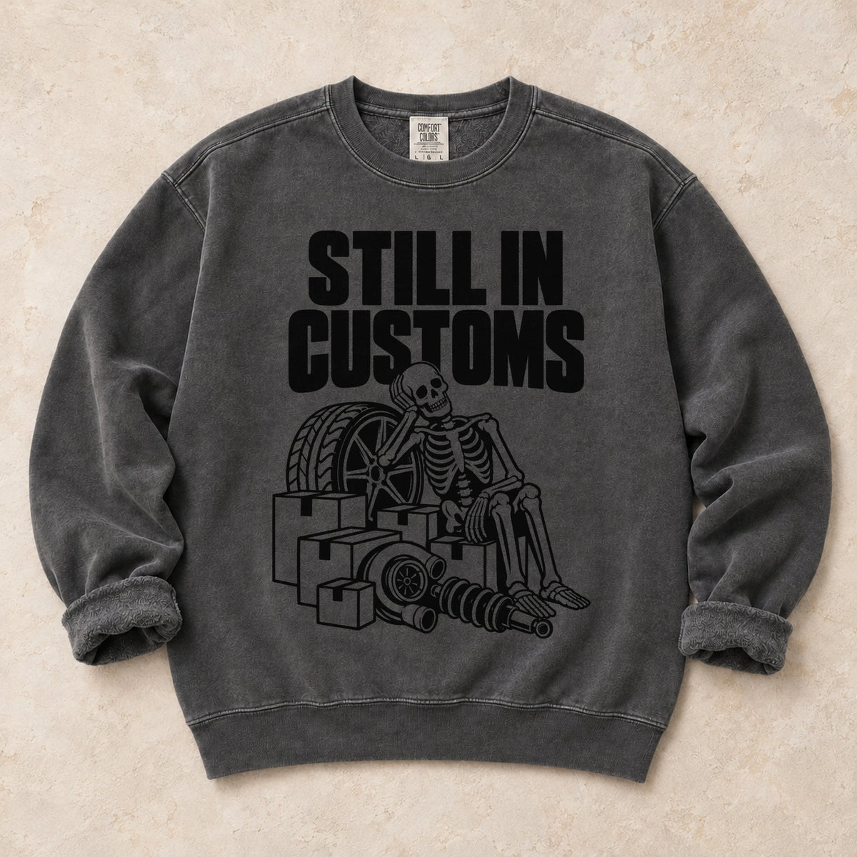 Pepper garment-dyed crewneck sweatshirt with Customs Hold car parts design