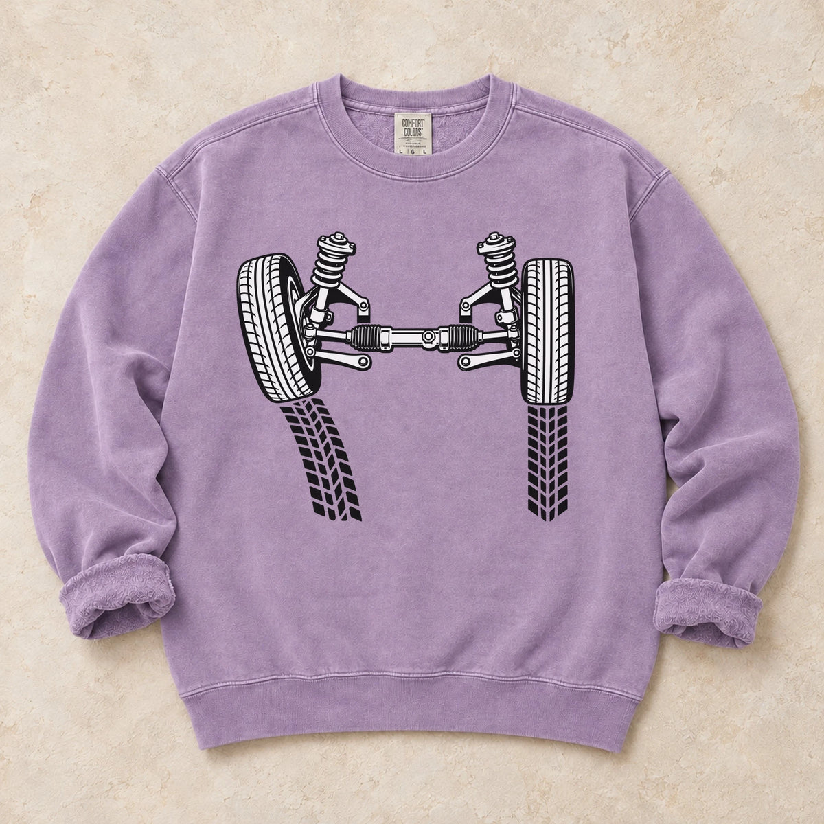 Orchid garment-dyed crewneck sweatshirt with Camber Geometry wheel fitment design