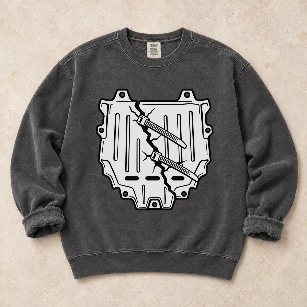 Pepper garment-dyed crewneck sweatshirt with Housing Crisis car repair design