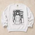 White garment-dyed crewneck sweatshirt with Cockpit Command driver humor design