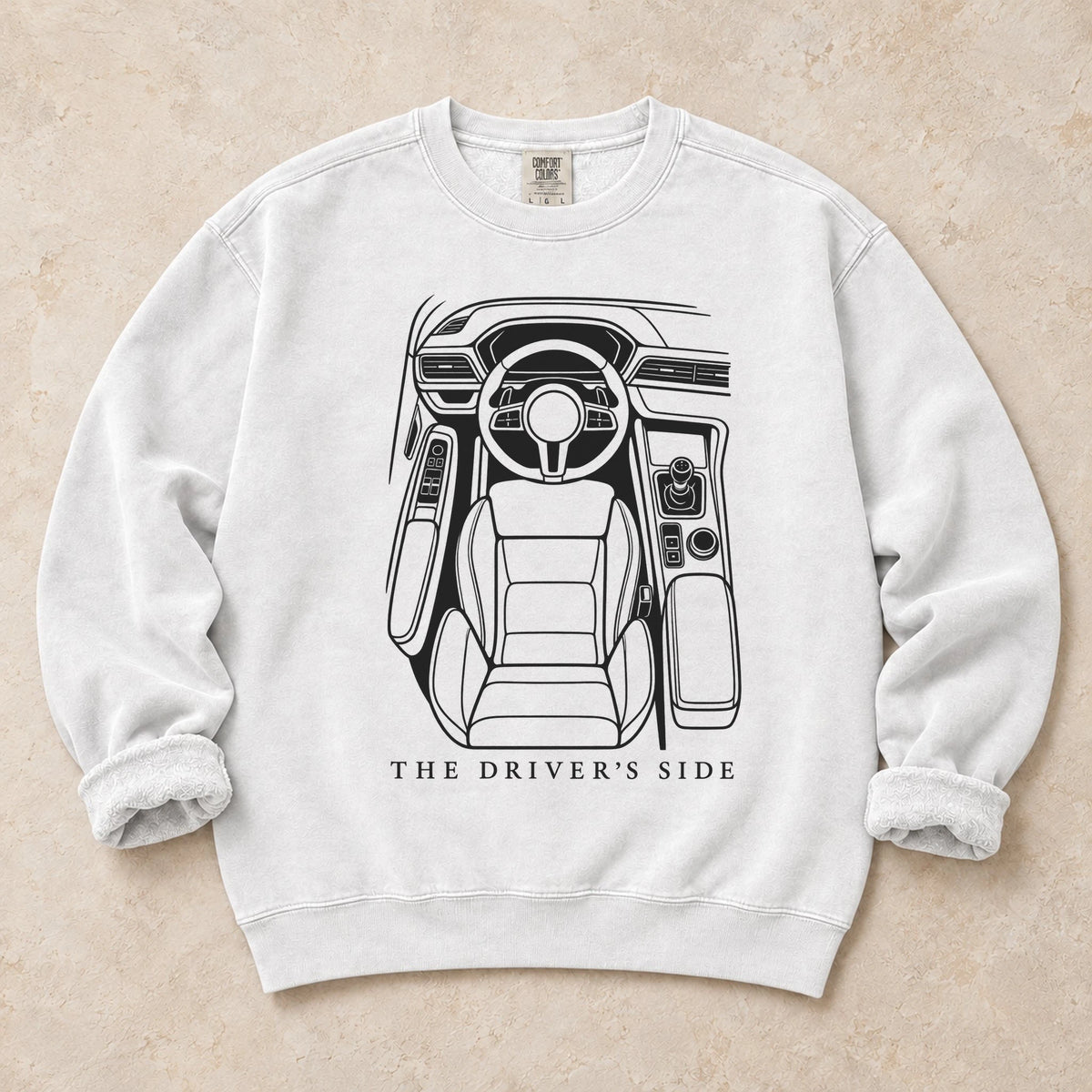 White garment-dyed crewneck sweatshirt with Cockpit Command driver humor design