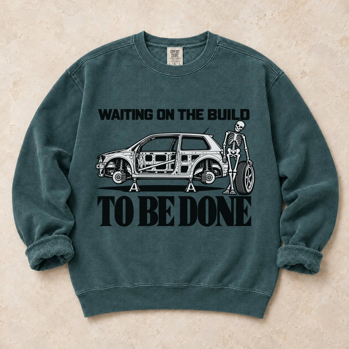 Blue Spruce garment-dyed crewneck sweatshirt with Permanent Project project car design