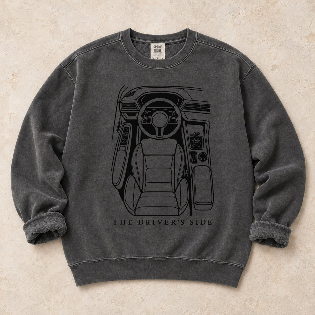Pepper garment-dyed crewneck sweatshirt with Cockpit Command driver humor design
