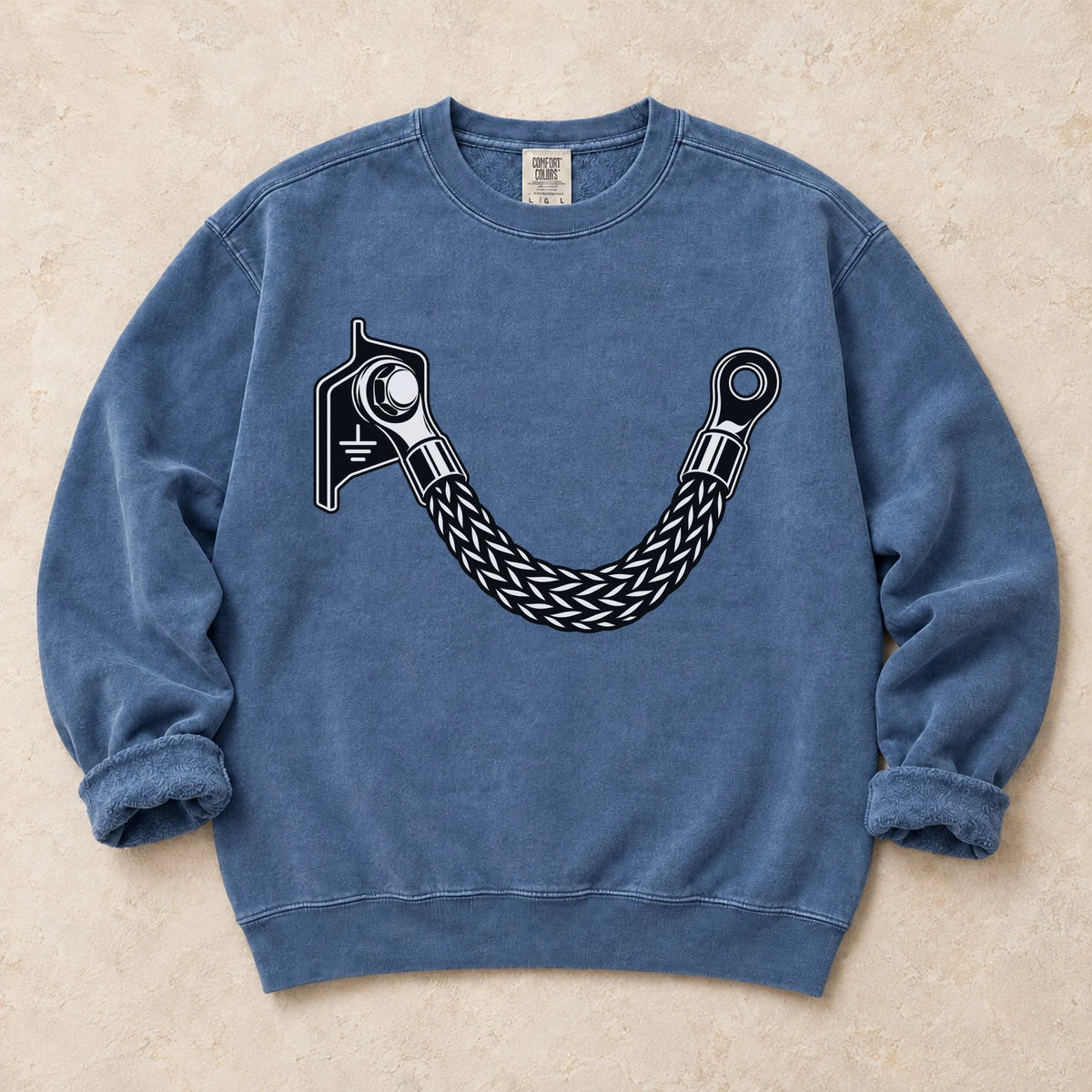 Blue Jean garment-dyed crewneck sweatshirt with Ground Control lowered car design