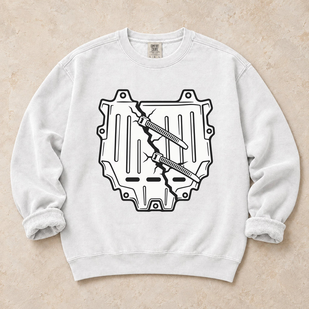 White garment-dyed crewneck sweatshirt with Housing Crisis car repair design