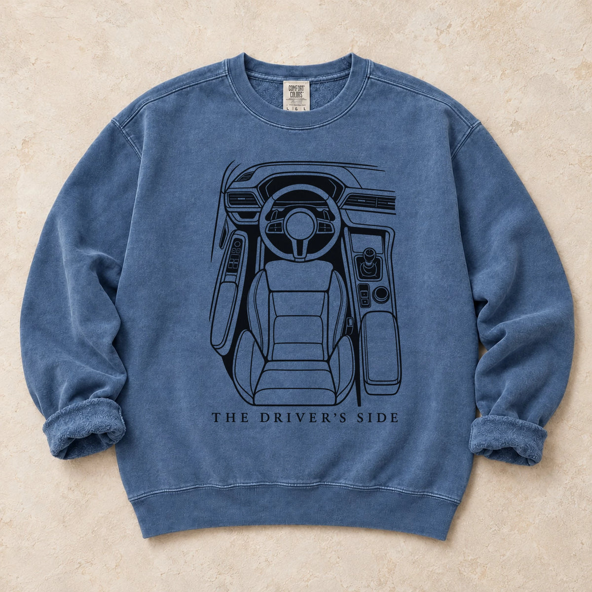 Blue Jean garment-dyed crewneck sweatshirt with Cockpit Command driver humor design