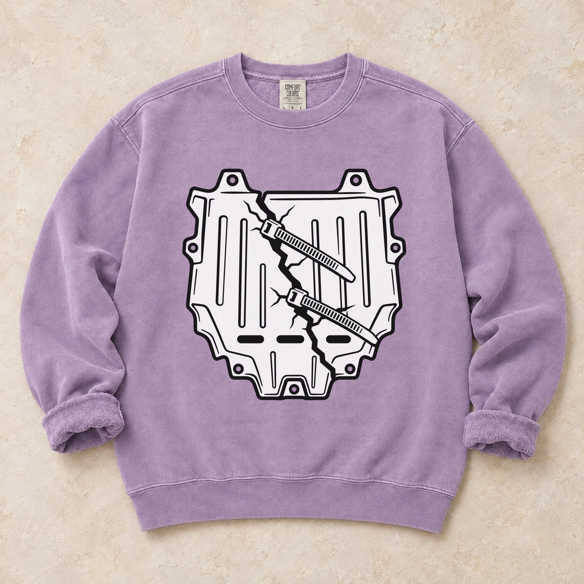 Orchid garment-dyed crewneck sweatshirt with Housing Crisis car repair design