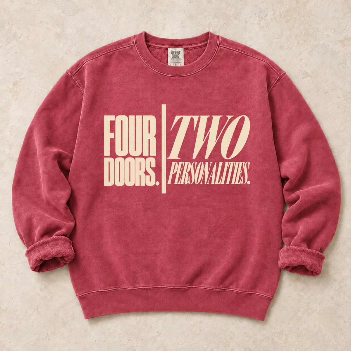 Crimson garment-dyed crewneck sweatshirt with Sedan Duality sedan enthusiast design
