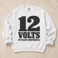 White garment-dyed crewneck sweatshirt with Voltage Bluff car battery design