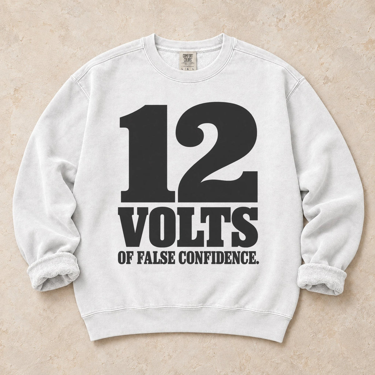White garment-dyed crewneck sweatshirt with Voltage Bluff car battery design