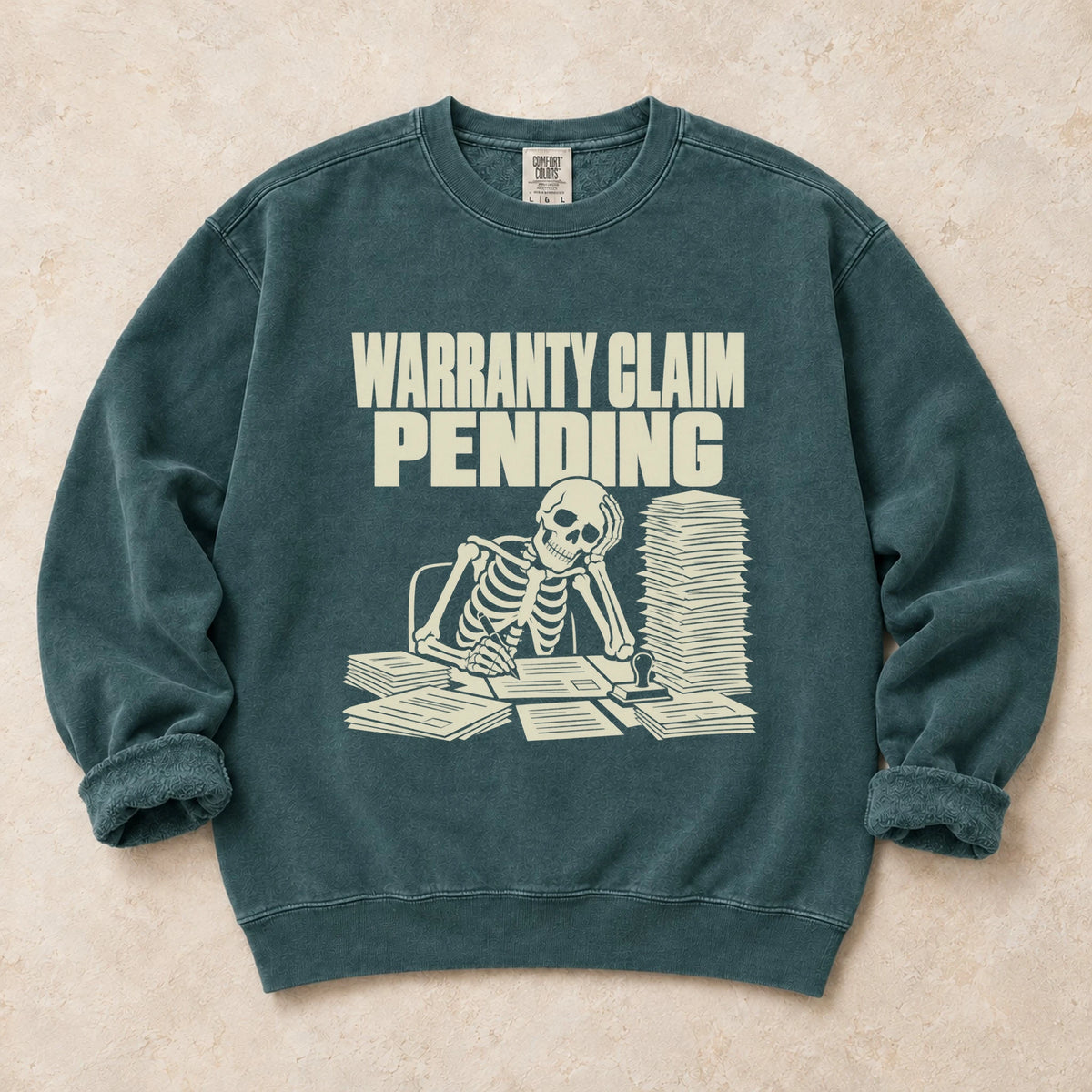 Blue Spruce garment-dyed crewneck sweatshirt with Warranty Queue mechanic humor design