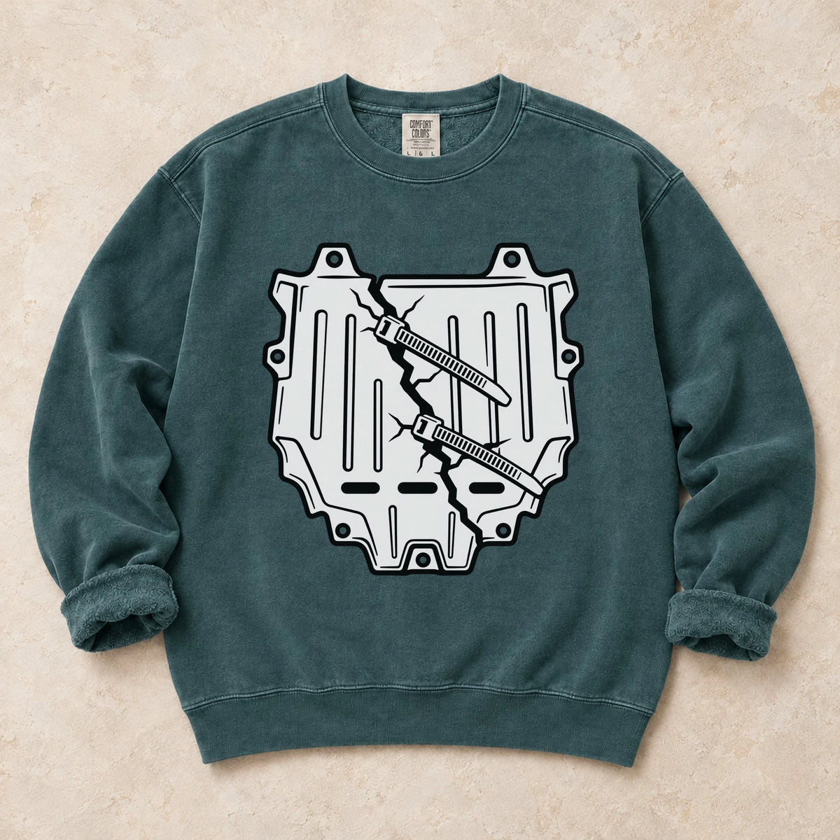 Blue Spruce garment-dyed crewneck sweatshirt with Housing Crisis car repair design