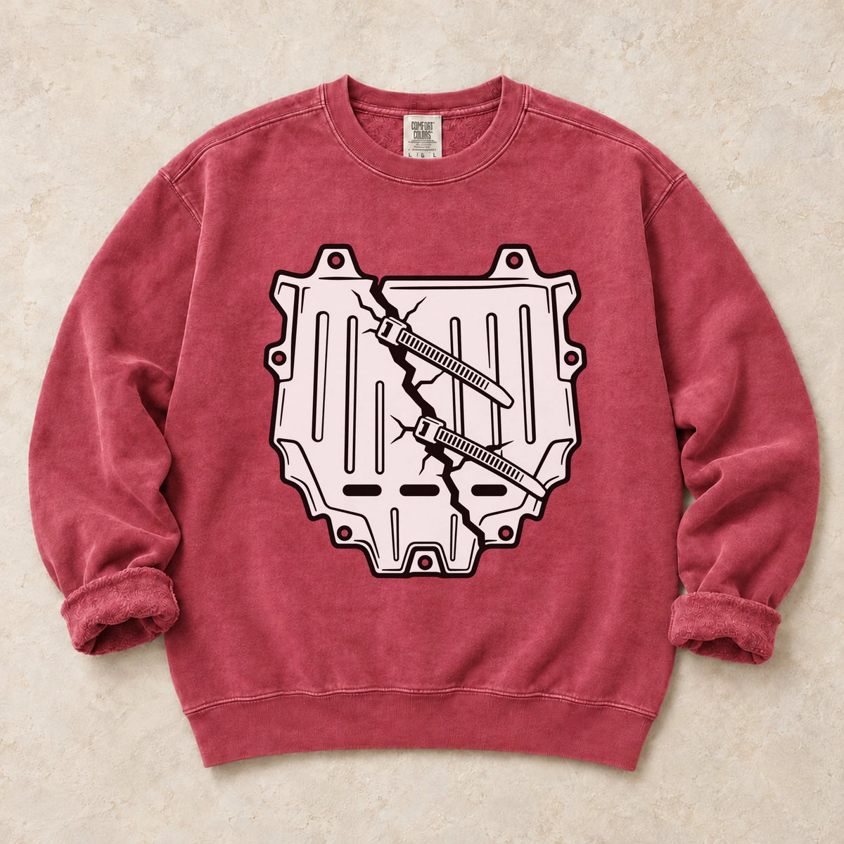 Crimson garment-dyed crewneck sweatshirt with Housing Crisis car repair design