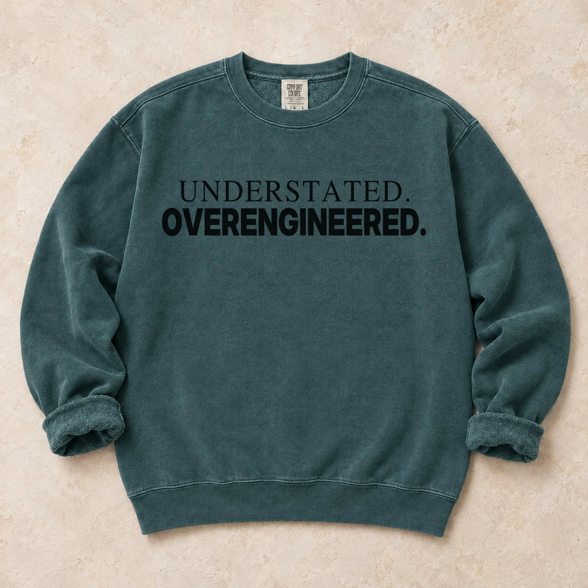 Blue Spruce garment-dyed crewneck sweatshirt with Quiet Overkill car enthusiast design