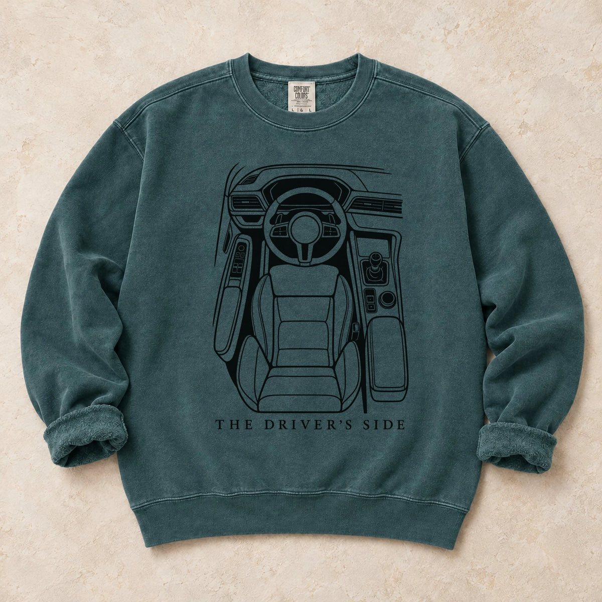 Blue Spruce garment-dyed crewneck sweatshirt with Cockpit Command driver humor design