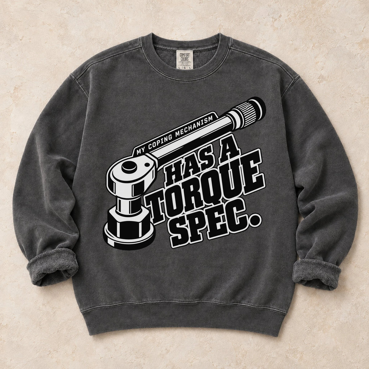 Pepper garment-dyed crewneck sweatshirt with Torque Doctrine torque enthusiast design