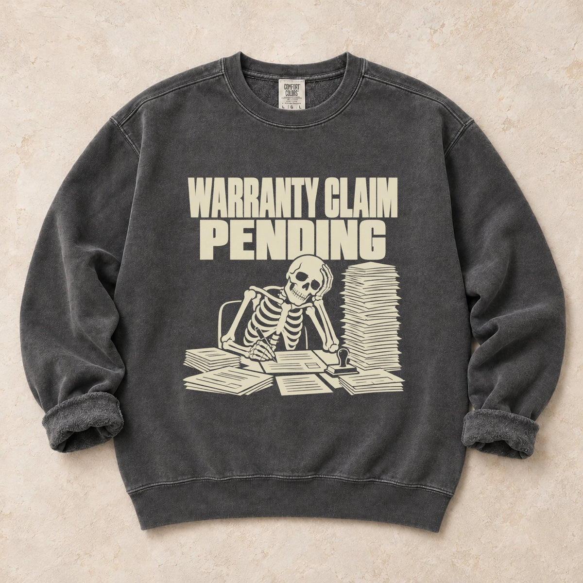 Pepper garment-dyed crewneck sweatshirt with Warranty Queue mechanic humor design