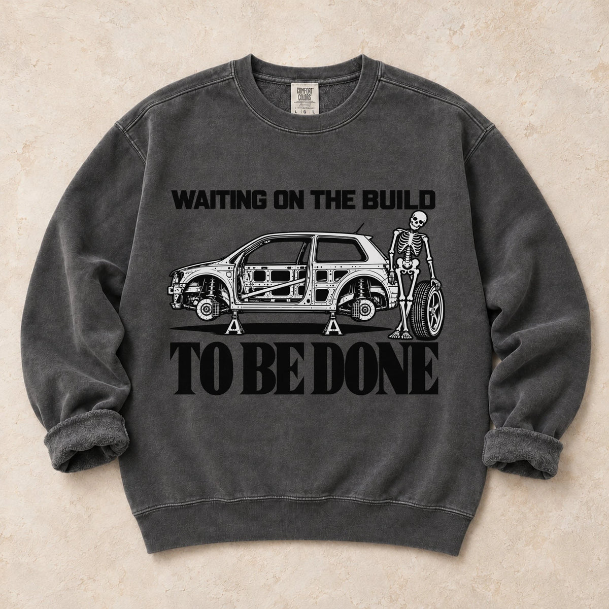 Pepper garment-dyed crewneck sweatshirt with Permanent Project project car design