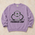 Orchid garment-dyed crewneck sweatshirt with Feedback Loop garage humor design