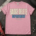 Blossom car enthusiast T-shirt. Badge Delete Department, with a small empty badge outline.