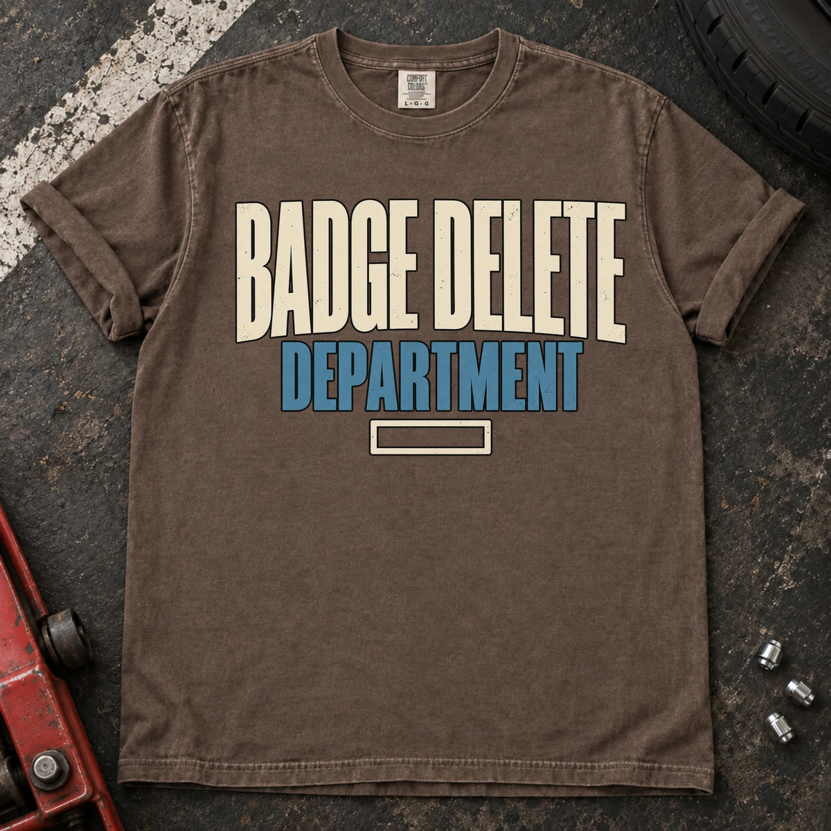 Espresso car enthusiast T-shirt. Badge Delete Department, with a small empty badge outline.