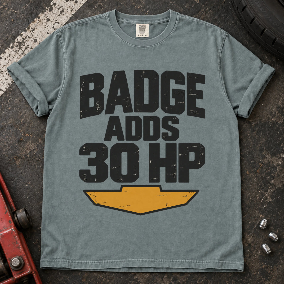 Bay car enthusiast T-shirt. Badge adds 30HP, with bold lettering and a cheeky automotive performance claim.