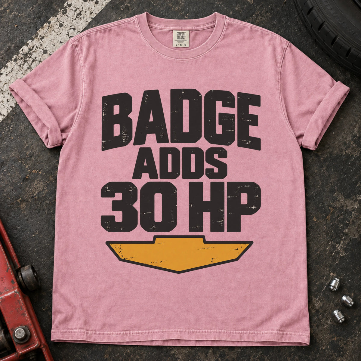 Blossom car enthusiast T-shirt. Badge adds 30HP, with bold lettering and a cheeky automotive performance claim.