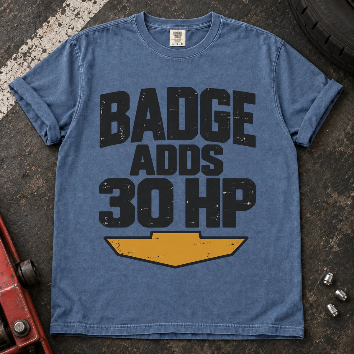 Blue Jean car enthusiast T-shirt. Badge adds 30HP, with bold lettering and a cheeky automotive performance claim.