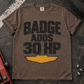 Espresso car enthusiast T-shirt. Badge adds 30HP, with bold lettering and a cheeky automotive performance claim.