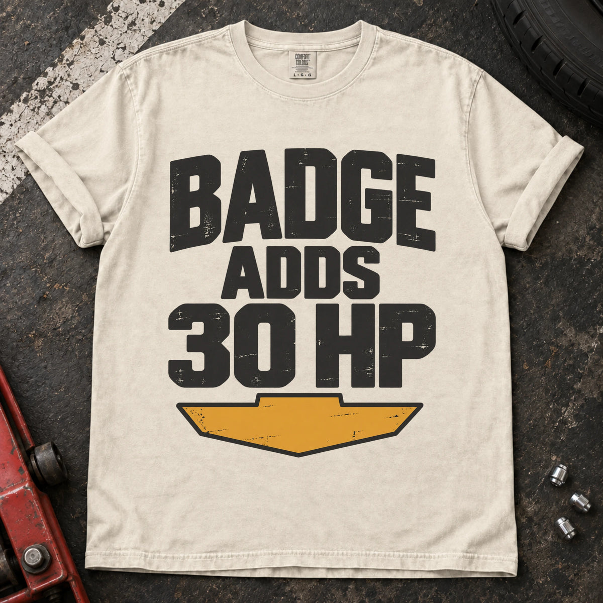 Ivory car enthusiast T-shirt. Badge adds 30HP, with bold lettering and a cheeky automotive performance claim.