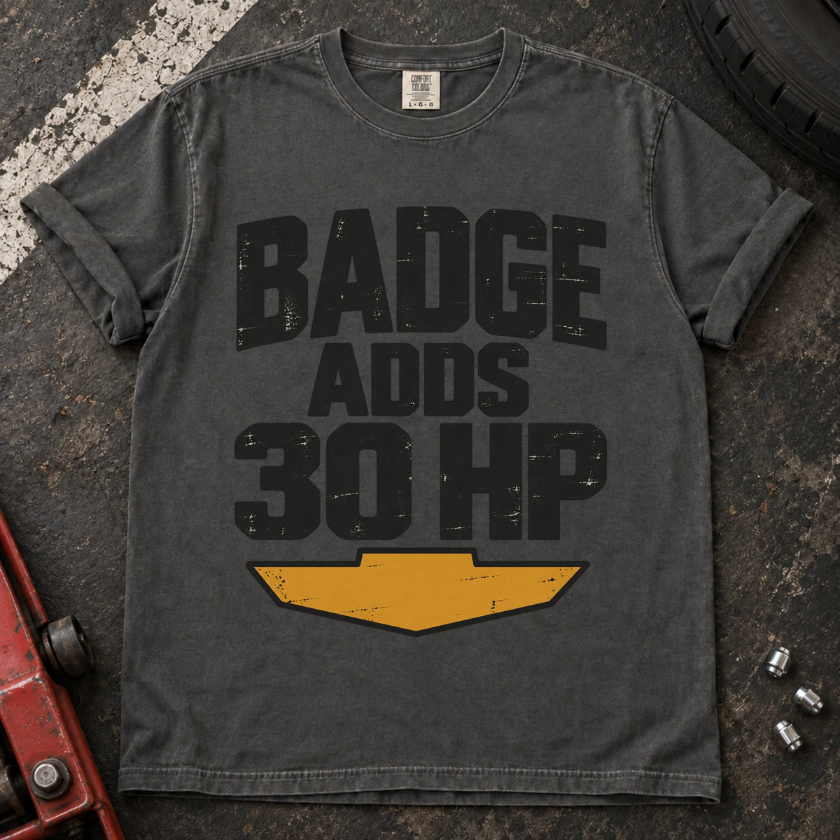 Pepper car enthusiast T-shirt. Badge adds 30HP, with bold lettering and a cheeky automotive performance claim.