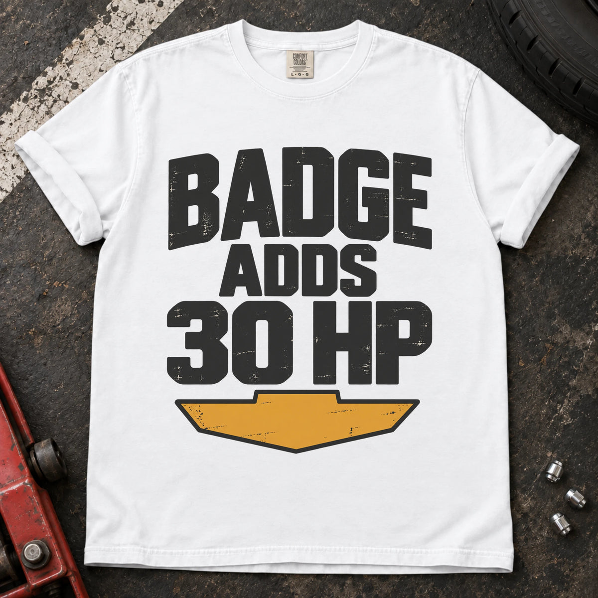White car enthusiast T-shirt. Badge adds 30HP, with bold lettering and a cheeky automotive performance claim.