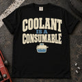 Black car enthusiast T-shirt. A small reservoir illustrates coolant is a consumable.