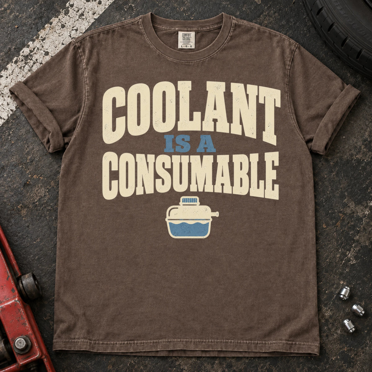 Espresso car enthusiast T-shirt. A small reservoir illustrates coolant is a consumable.
