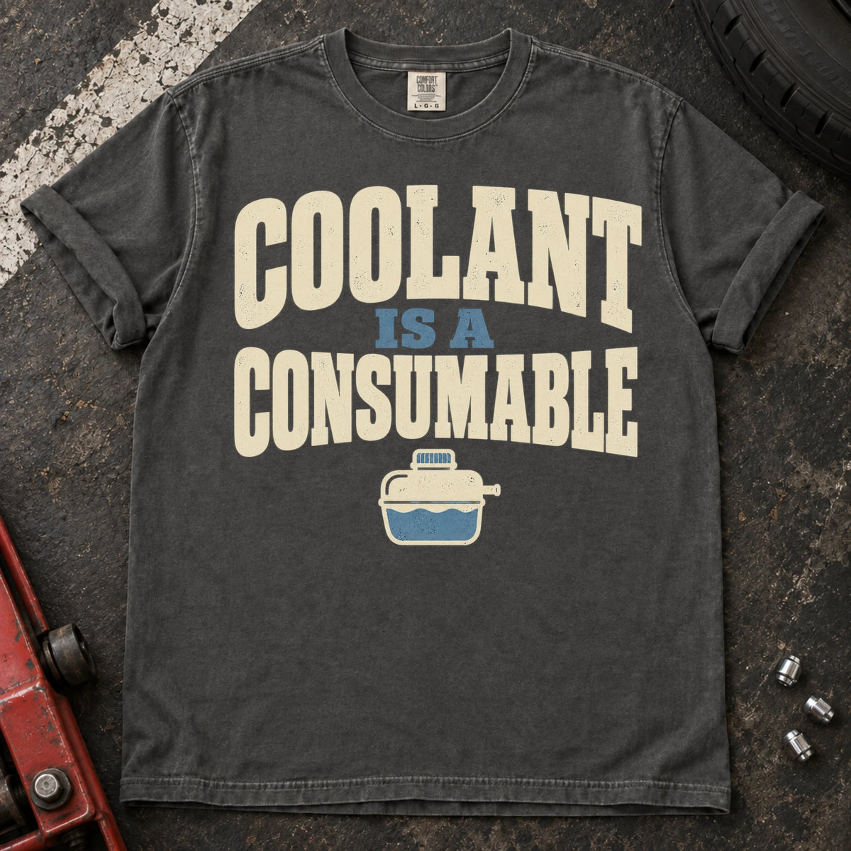 Pepper car enthusiast T-shirt. A small reservoir illustrates coolant is a consumable.