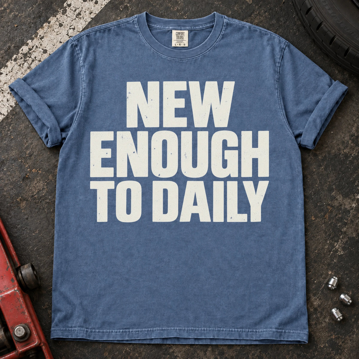 Blue Jean car enthusiast T-shirt. New enough to daily: simple typography for the everyday enthusiast car.
