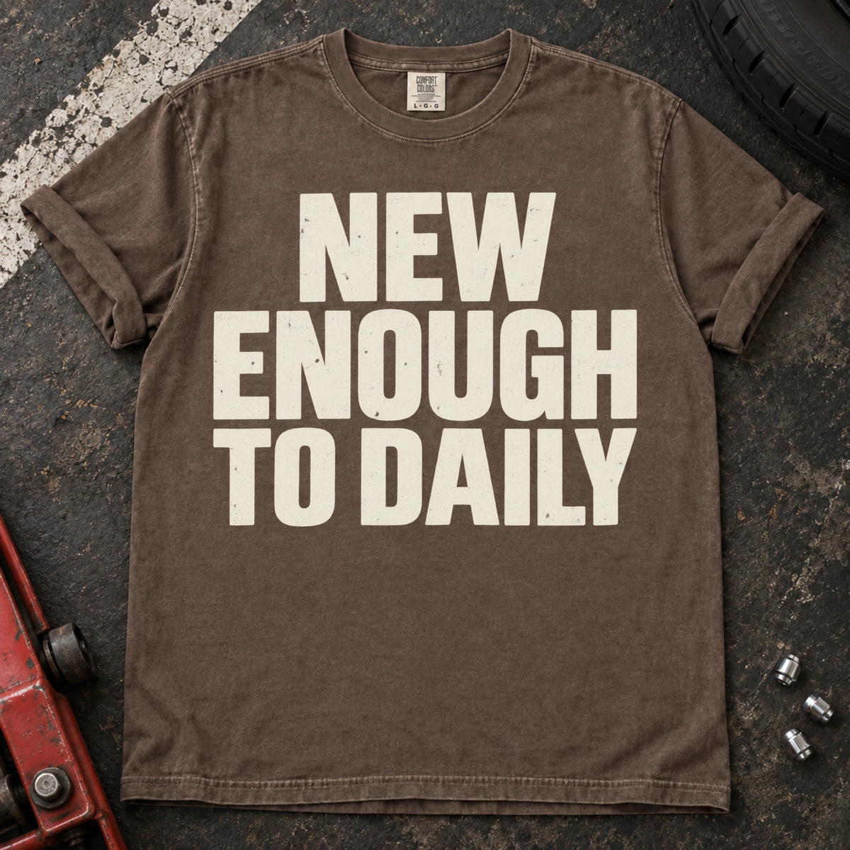 Espresso car enthusiast T-shirt. New enough to daily: simple typography for the everyday enthusiast car.