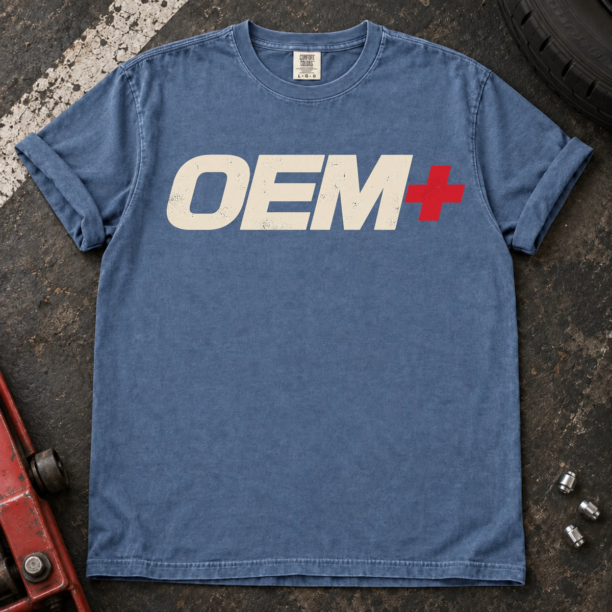 Blue Jean car enthusiast T-shirt. OEM+ lettering keeps the factory-plus philosophy simple.