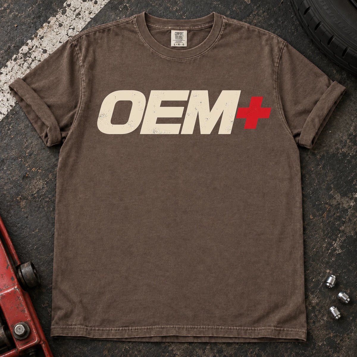 Espresso car enthusiast T-shirt. OEM+ lettering keeps the factory-plus philosophy simple.