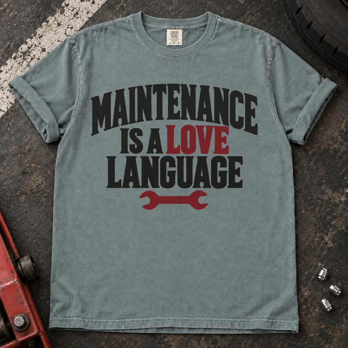 Bay car enthusiast T-shirt. A wrench under maintenance is a love language celebrates caring for your car.