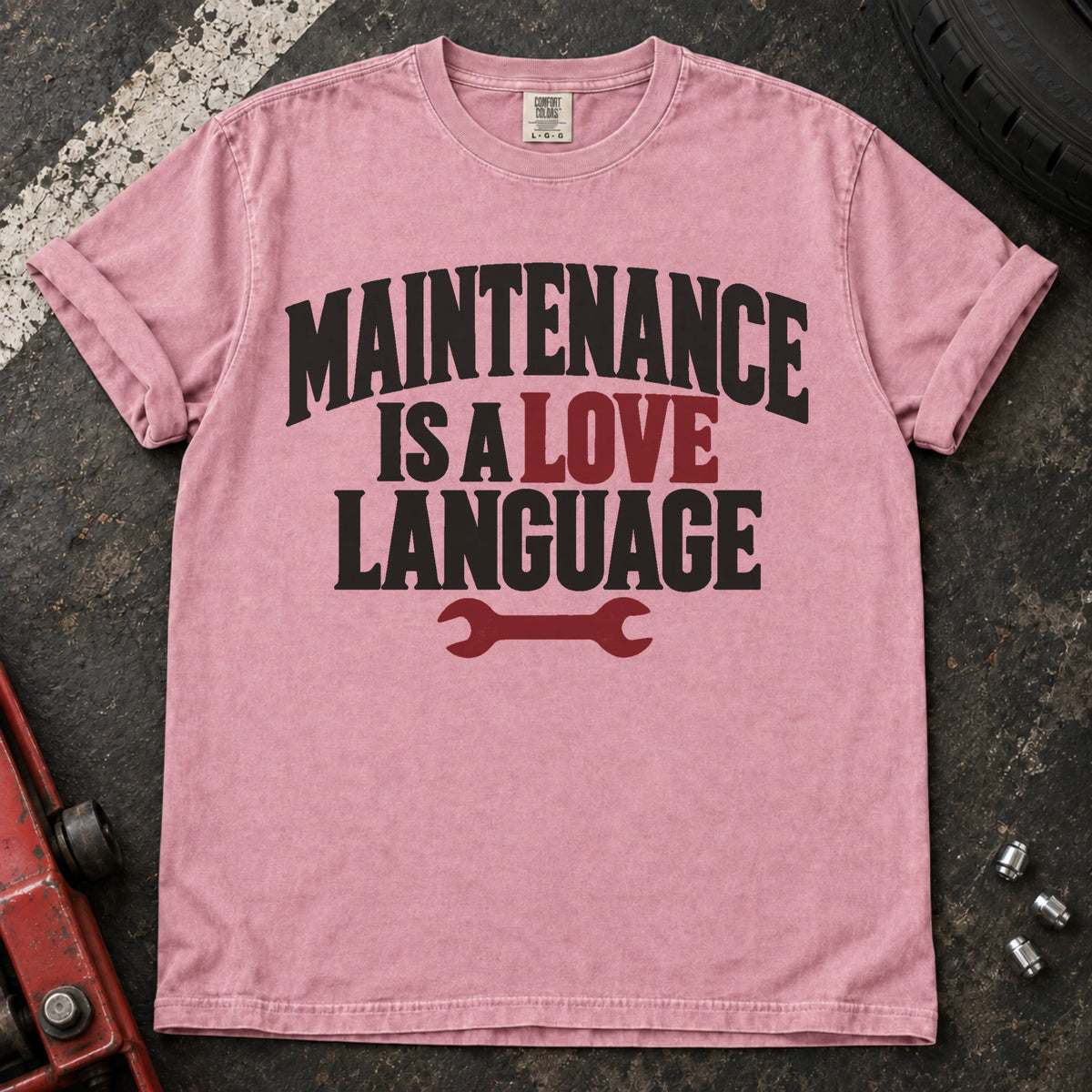Blossom car enthusiast T-shirt. A wrench under maintenance is a love language celebrates caring for your car.