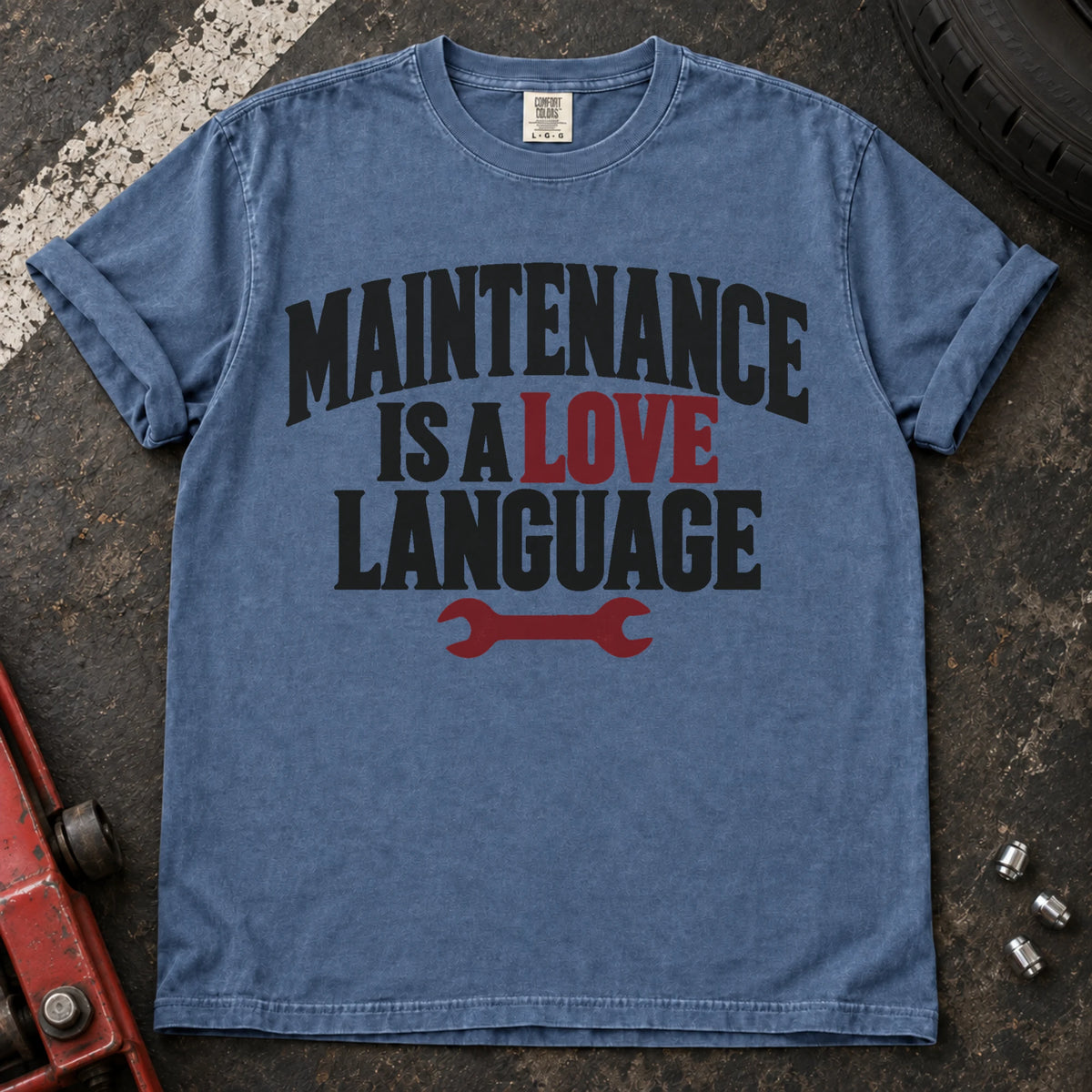 Blue Jean car enthusiast T-shirt. A wrench under maintenance is a love language celebrates caring for your car.