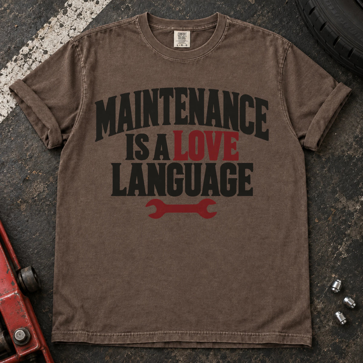 Espresso car enthusiast T-shirt. A wrench under maintenance is a love language celebrates caring for your car.