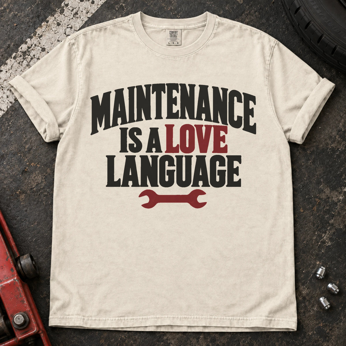 Ivory car enthusiast T-shirt. A wrench under maintenance is a love language celebrates caring for your car.