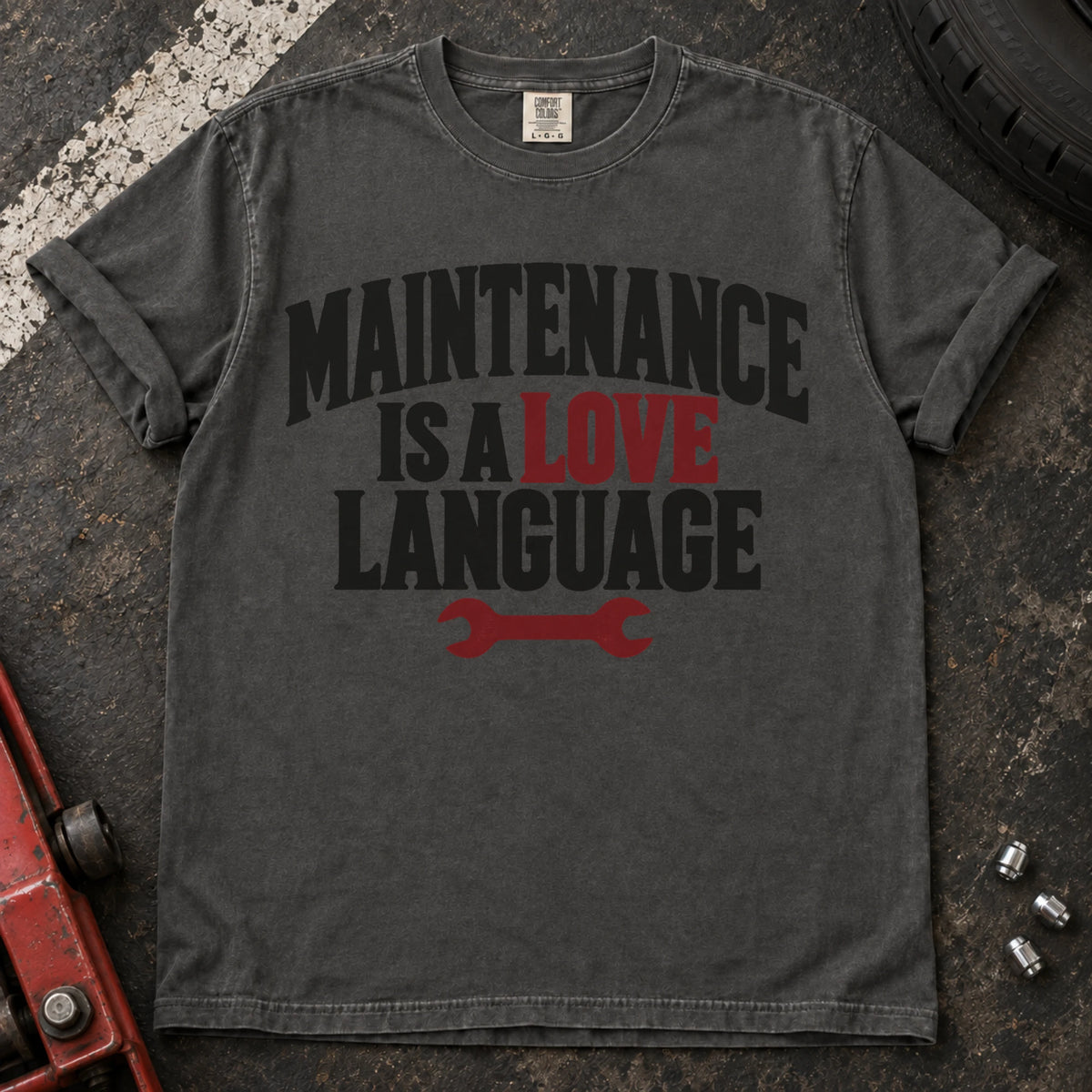 Pepper car enthusiast T-shirt. A wrench under maintenance is a love language celebrates caring for your car.