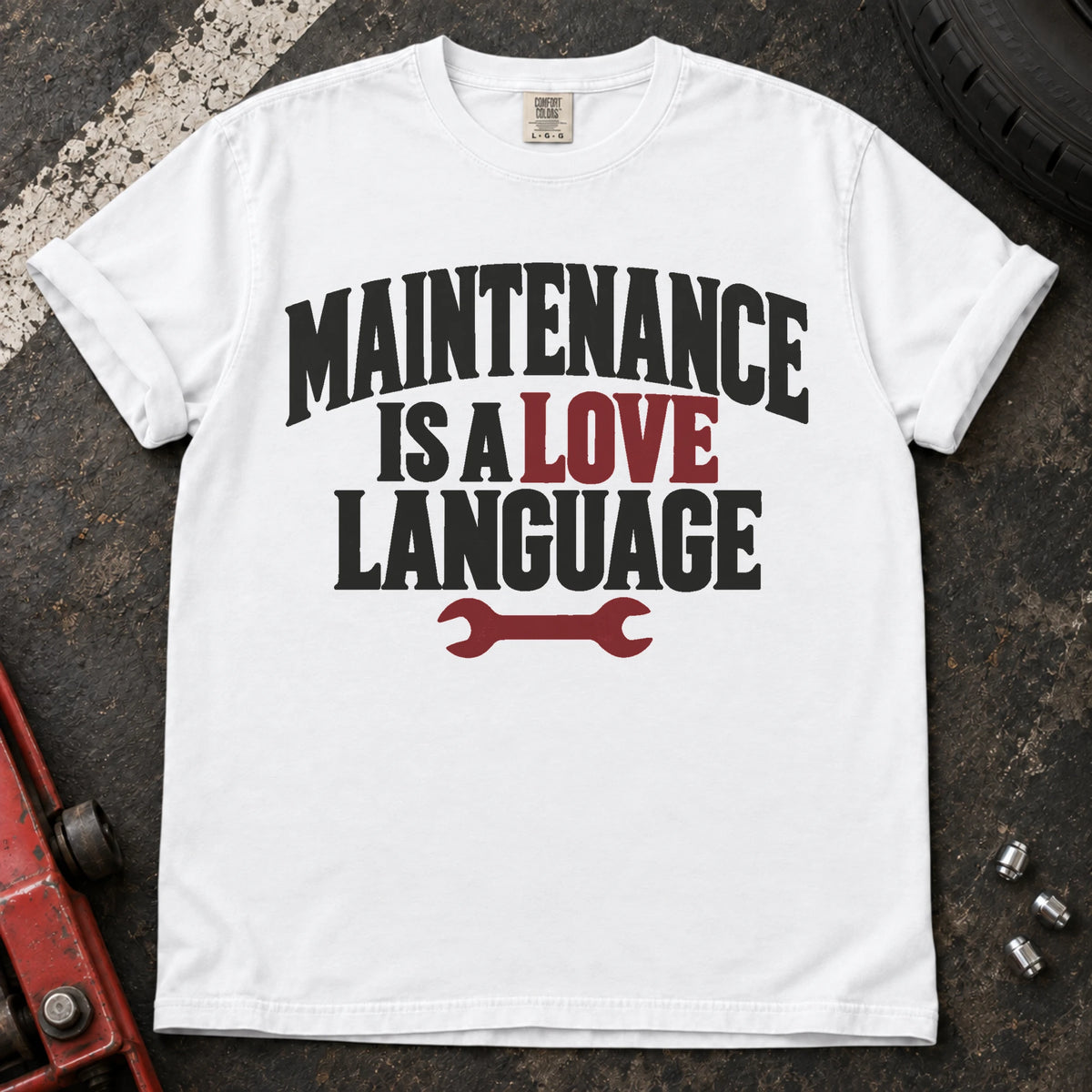 White car enthusiast T-shirt. A wrench under maintenance is a love language celebrates caring for your car.