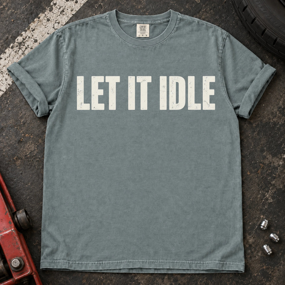 Bay car enthusiast T-shirt. Let it idle: restrained typography for engine enthusiasts.
