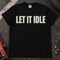 Black car enthusiast T-shirt. Let it idle: restrained typography for engine enthusiasts.