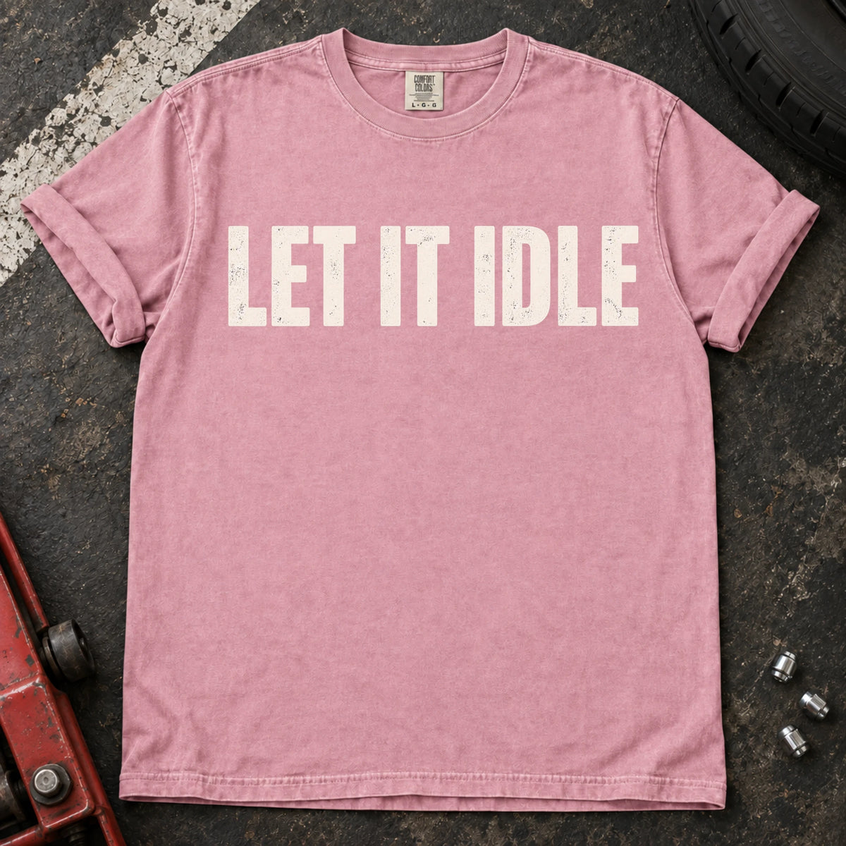 Blossom car enthusiast T-shirt. Let it idle: restrained typography for engine enthusiasts.