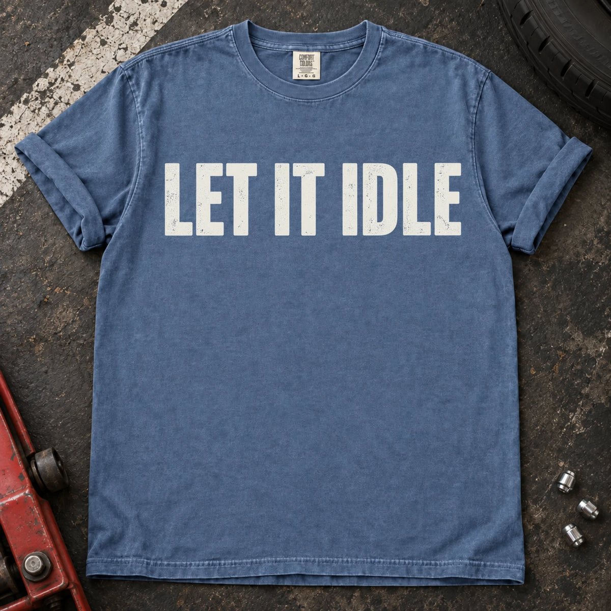 Blue Jean car enthusiast T-shirt. Let it idle: restrained typography for engine enthusiasts.